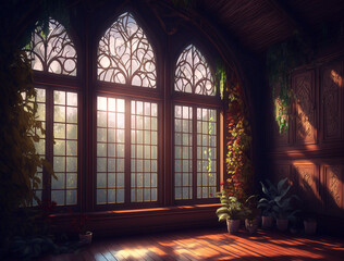 Beautiful fantastic background, location with wooden buildings, and rooms. Game concept, wallpaper. Generated AI.