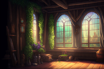 Beautiful fantastic background, location with wooden buildings, and rooms. Game concept, wallpaper. Generated AI.