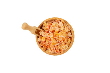 Fototapeta na wymiar diced candied papaya in wooden bowl and scoop isolated on white background. nutrition. food ingredient.