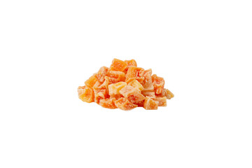 diced candied papaya heap isolated on white background. nutrition. food ingredient.