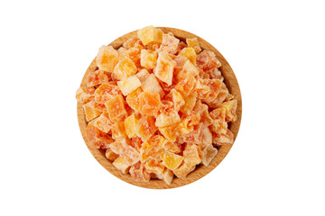 diced candied papaya  in wooden bowl isolated on white background. nutrition. food ingredient.