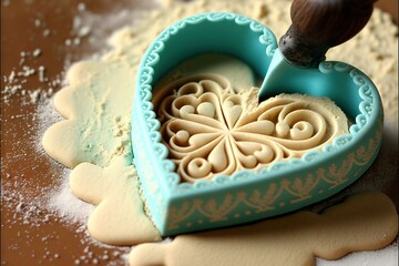 Obraz na płótnie Canvas a cookie cutter is cutting a heart shaped cookie with icing on a table with powdered sugar and sugar on it, and a cookie cutter is being used to make a heart shaped. Generative AI 