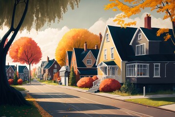Cottage-lined street in the suburbs on an autumn afternoon Generative AI - obrazy, fototapety, plakaty