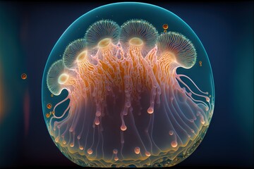  a jellyfish is shown in a blue and orange background with bubbles and bubbles on it's back end and sides, and a yellow and orange center, with a blue background, and white,. Generative AI