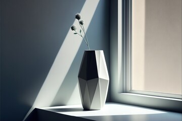  a vase with flowers in it sitting on a window sill next to a window sill with a shadow cast on the wall behind it and a window sill with a light coming through. Generative AI