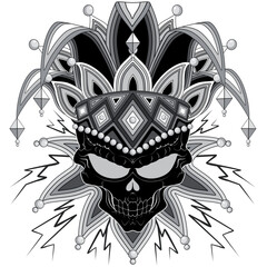 Joker Skull sneering Mask Evil Creepy Carnival Mardi Gras Mask Black and White Character Vector Illustration