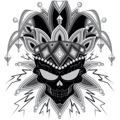 Vitrage gordijnen Draw Joker Skull sneering Mask Evil Creepy Carnival Mardi Gras Mask Black and White Character Vector Illustration