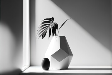  a black and white photo of a plant in a vase on a window sill with a shadow cast on the wall behind it and a white wall behind it, with a white door. Generative AI