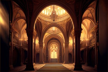 Fantasy palace interior with golden decor and castle-like features.. Generative AI