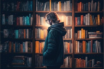  a woman standing in front of a book shelf filled with books and bookshelves filled with books and bookshelves filled with books and books, and a person wearing a hooded jacket. Generative AI
