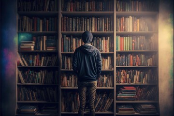  a person standing in front of a book shelf filled with books and bookshelves with books on it and a person standing in front of the bookcases facing the bookshelf. Generative AI 