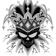 Joker Skull sneering Mask Evil Creepy Carnival Mardi Gras Mask Black and White Character on transparent Background