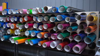 There are many colorful rolls of vinyl film on the shelf. The production room of the advertising...