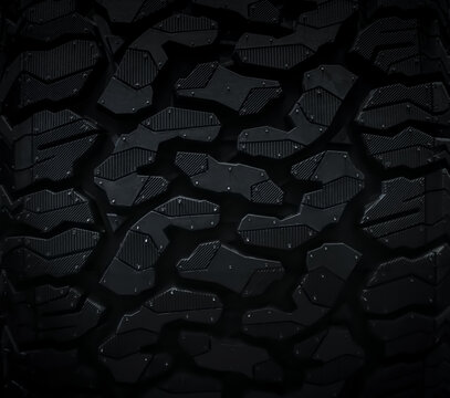 Close up picture of brand new black automobile Tyre texture on black background. Tread for crossovers and SUVs, off-road tires.	