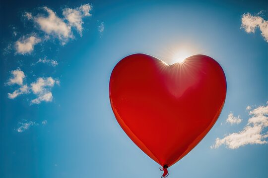  a large heart shaped balloon flying through the air with a bright sun in the background and clouds in the sky above it, with a blue sky with white clouds and blue sky with white. Generative AI 