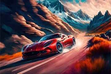  a painting of a red sports car driving down a mountain road with a mountain range in the background and clouds in the sky above it, and a red car driving on the road with a. Generative AI 