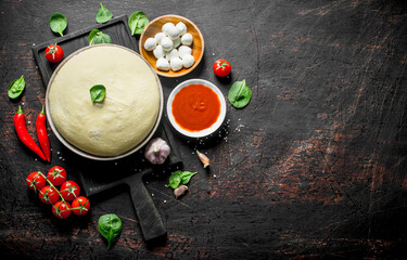 Preparation pizza. Dough with different ingredients for pizza.