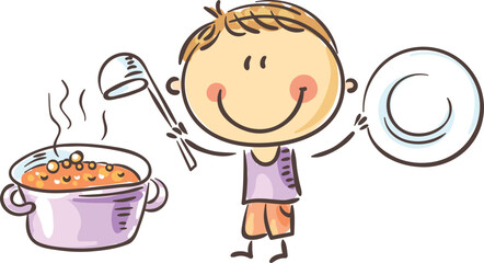 Doodle boy cook preparing vegeterian soup, isolated on white, cartoon illustration clipart
