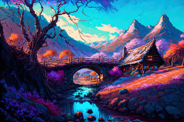 landscape of a village houses connected by bridge in ghilbli style where mountains are in the background. Generative AI