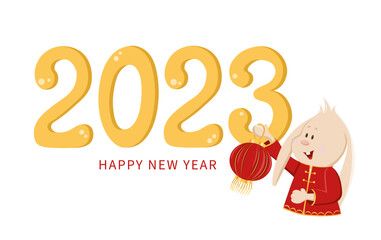 Cute rabbit in traditional clothes decorates home with lanterns and garland. Chinese New Year, Spring and Lantern Festival. Horizontal red and gold banner with copy space in cartoon doodle style.