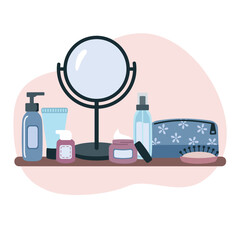 Composition with cosmetic products on the shelf, cleanser, cream, mirror, cream, comb, cosmetic bag. Skin care routine set. 