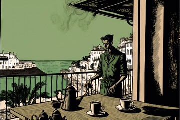  a man standing on a balcony next to a table with coffee cups and a kettle on it and a view of the ocean and buildings in the distance from the balcony of a balcony area. Generative AI