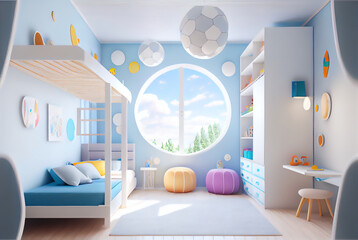 Minimal and cute kid children room idea inspirational  architectural design mattepainting illustration with shelves, chairs, bed and windows