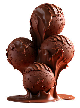 Chocolate Ice cream balls with tiramisu with dripping chocolate on transparent background PNG