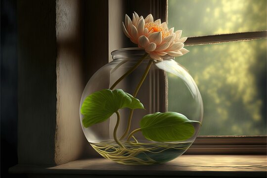  a painting of a water lily in a glass vase with water and a window behind it, with sunlight streaming through the window pane and a green leafy tree outside the window behind. Generative AI