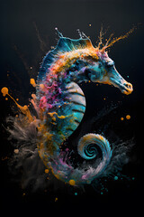 Marvelous abstract color paint splash sea horse, Generative ai.	
