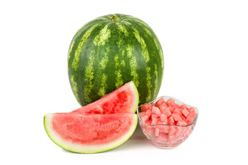Whole watermelon and slices of watermelon isolated on white background.