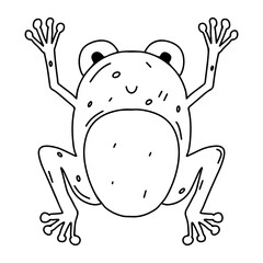 Funny frog in hand drawn doodle style. Cute animal. Coloring page activity. Isolated on white background.