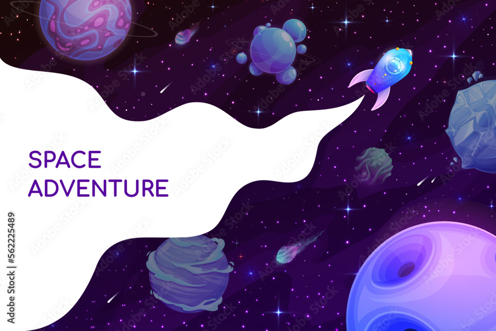 Poster cartoon space adventure poster. rocket spaceship in galaxy. vector design with shuttle explore galax