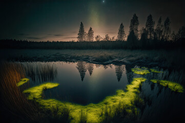 Fototapeta premium landscape at night in swamp. Generative AI picture.