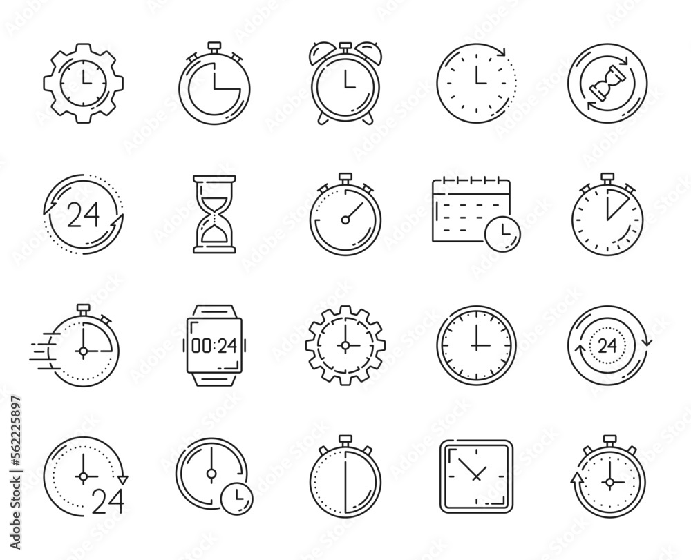 Poster timer clock outline icons. alarm, stopwatch, calendar timer. time measuring, management and planning