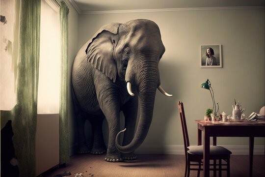  an elephant standing in a room with a table and chairs in front of it and a picture of a man on the wall behind it and a table with a chair and a table with a chair. Generative AI