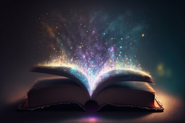  an open book with a colorful light coming out of it's pages on a table with a black background and a blue sky filled with stars and dust and dust, and a light. Generative AI
