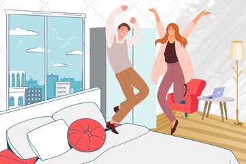 Young couple looks happy and jumping on the bed. Illustration of successful young couple. Valentine's day illustration concept.