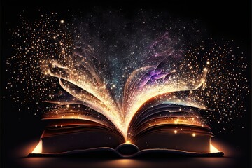  an open book with glowing pages and a bookmark in the middle of it, with a bookmark flying out of it, and a glowing star filled sky in the background, with stars. Generative AI