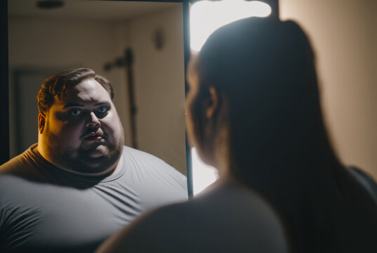 A Young Woman Looks At Herself In The Mirror And An Overweight Man Looks Back, Body And Gender Identity, Identity Crisis,gender Choice. Generative AI