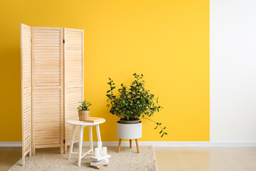 Interior of room with folding screen, table and houseplant near yellow wall