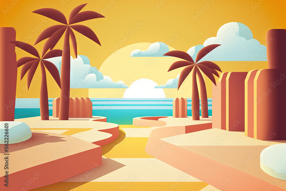 Poster simple geometric platform with a beach backdrop and palm trees in the sunlight. generative ai
