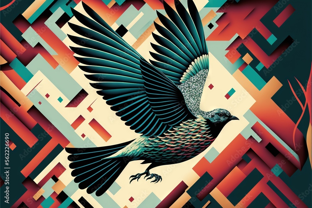 Poster a bird flying through the air with its wings spread out and its wings spread out, with a colorful ba