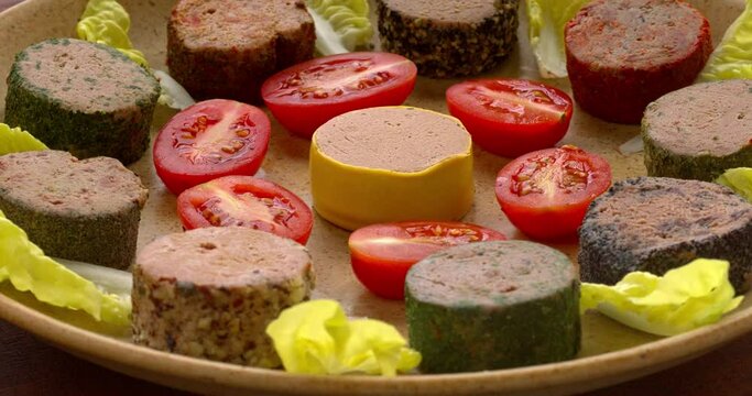 Selection of pates decorated with tomatoes, lettuce leaves and quartered physalis. Table spin.