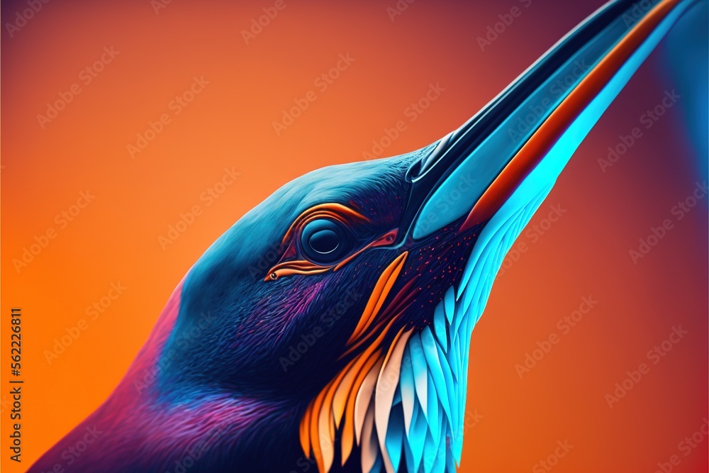 Aufkleber a bird with a long beak and a long beak with a long beak, with a red background and a blue backgroun