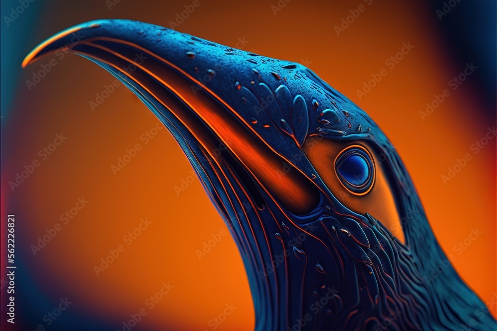 Poster a close up of a bird's head with water droplets on it's feathers and a red background with a blue ba