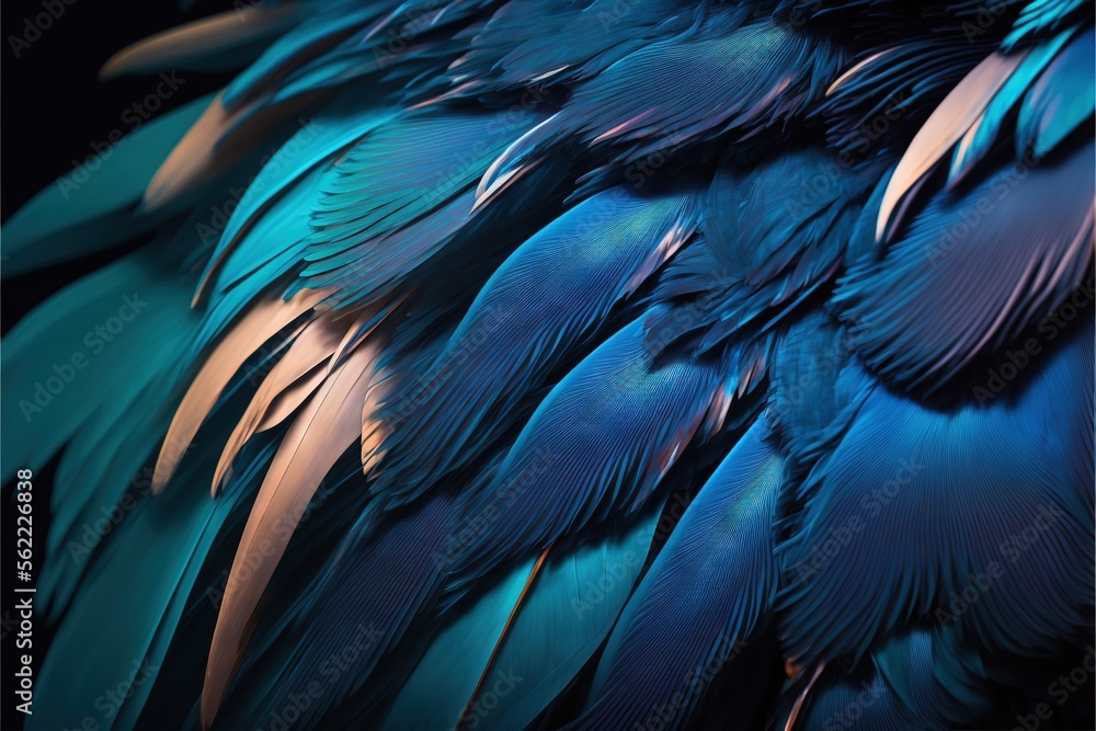 Poster a close up of a blue bird's feathers with a black background and a black background with a white bor