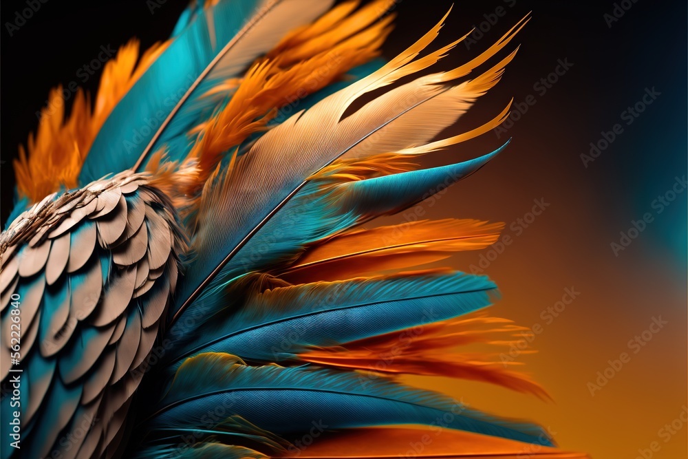 Poster a close up of a colorful bird's feathers on a black background with a yellow and blue background and