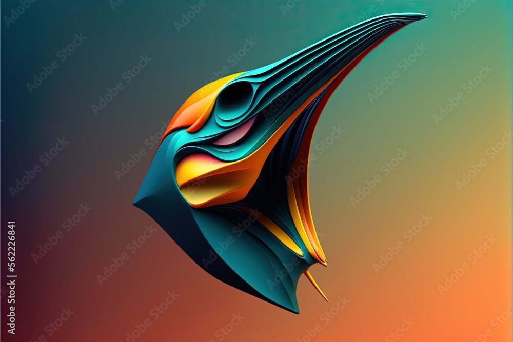 Poster a colorful abstract artwork of a fish on a blue background with a red and yellow stripe on the tail 
