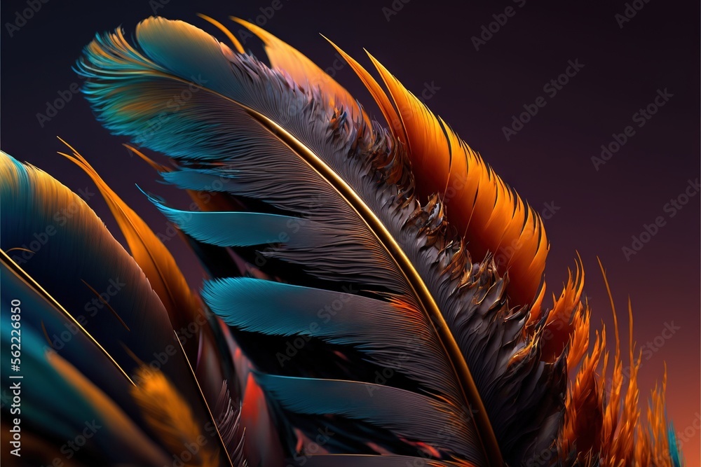 Poster a close up of a colorful feather on a black background with a red and blue background and a black ba